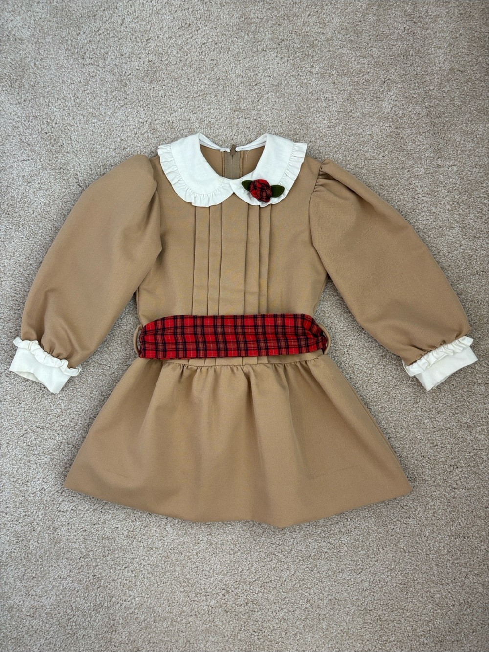Vintage Chocolate Soup tan fall dress with Peter Pan collar and plaid sash, 4T